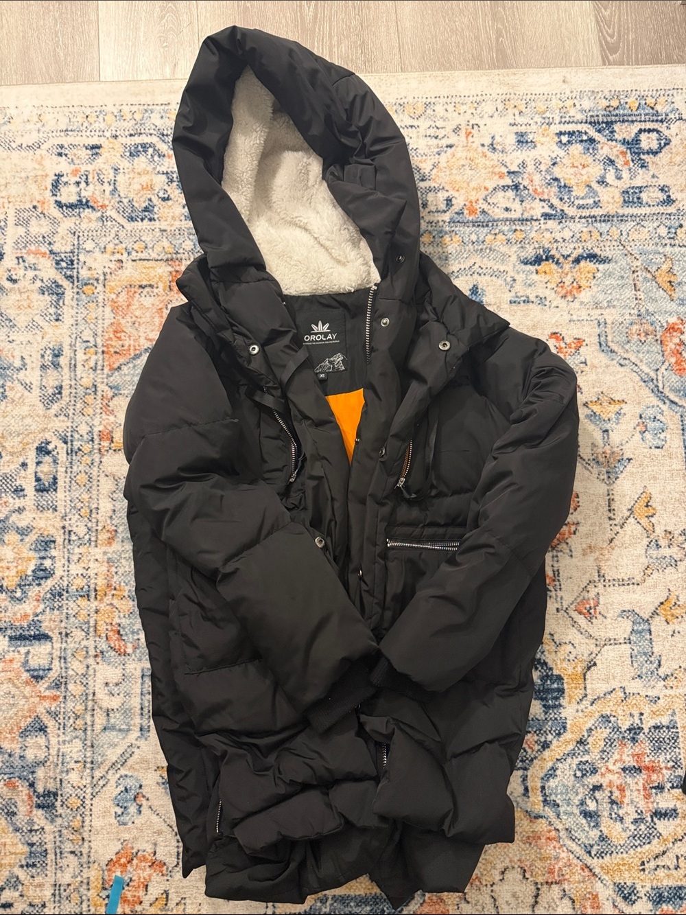 OROLAY Orange and Black Puffer Jacket with Cream Sherpa Collar